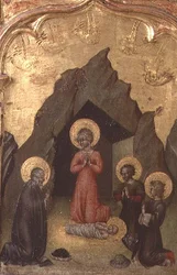 Adoración del Niño por la Virgen, San José y dos santos