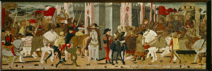 Panel de Cassone: Entrada triunfal de Rómulo y Tacio en Roma