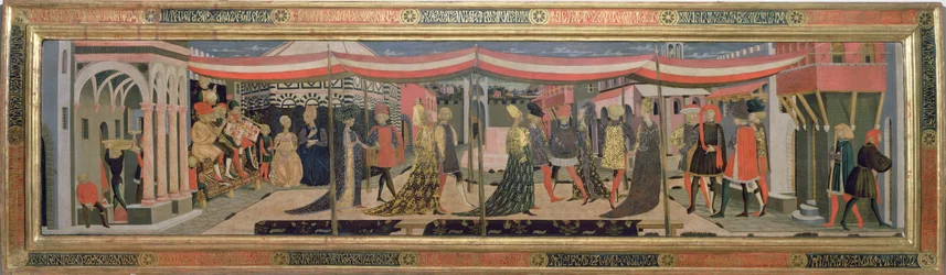 Frontal del Cassone Adimari que representa una escena de boda frente al Baptisterio