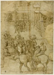 Desfile mitológico (recto); Inscripciones ilegibles y estudios anatómicos de cabeza (verso)