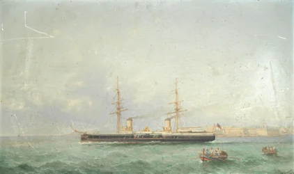 El acorazado HMS Inflexible se hace a la mar desde Grand Harbour, Valetta