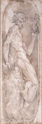 Adán sosteniendo una manzana, sentado, en un medallón, c.1547-1553