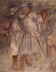 Figura de hombre tocando la trompeta, detalle de fresco por Girolamo Romanino, Iglesia de San Antonio, Breno, Italia