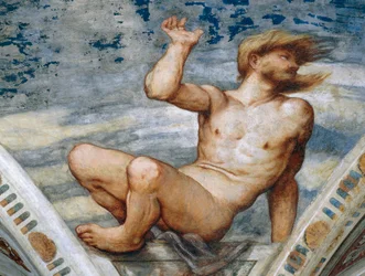 Desnudo masculino, detalle de los frescos de Girolamo Romanino (ca 1484-después de 1559), encargado por Bernardo Clesio