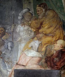 Nabucodonosor, detalle del milagro de los tres compañeros de Daniel, fresco de Girolamo Romanino (ca 1484-después de 1562), detalle de la pared derecha de la Iglesia de San Antonio Abad, Breno, Italia