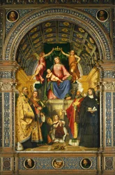 Retablo de Santa Justina: Madonna entronizada con los santos Benito, Justina, Prosdocimo y Escolástica