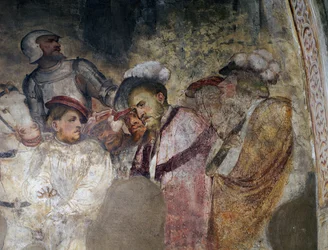 Soldado con armadura y hombres con sombreros, (detalle) de un fresco de Girolamo Romanino (ca 1484-después de 1562), la pared izquierda del presbiterio de la Iglesia de San Antonio Abad, Breno, Italia