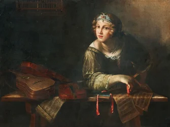 Representación alegórica con instrumentos musicales y notas
