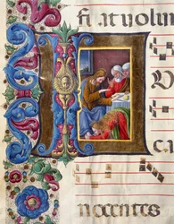 Letra decorada que representa a María Magdalena a los pies de Jesús. Miniatura de Girolamo da Cremona (activo alrededor de 1451-1483) y Liberale da Verona (1445-1529) de un coro (Cod. 22/7. c.15v) de la Catedral de Siena. Siglo XV Catedral (Duomo) de Siena