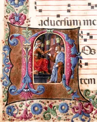 Letra decorada representando a Jesucristo frente a Poncio Pilato (detalle)