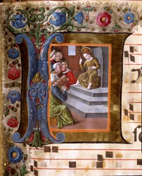 Letra decorada que representa al Niño Jesús y los Doctores. Miniatura de Girolamo da Cremona (activo alrededor de 1451-1483) y Liberale da Verona (1445-1529) de un coro (Cod. 19/4. c.13.) de la Catedral de Siena. Siglo XV Catedral (Duomo) de Siena, Italia