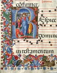 Letra decorada que representa a Cristo y al leproso. Miniatura de Girolamo da Cremona (activo alrededor de 1451-1483) y Liberale da Verona (1445-1529) de un coro (Cod. 19/4. c.26.) de la Catedral de Siena. Siglo XV Catedral (Duomo) de Siena, Italia