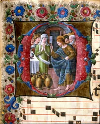 Letra decorada que representa la boda de Caná. Miniatura de Girolamo da Cremona (activo alrededor de 1451-1483) y Liberale da Verona (1445-1529) de un coro (Cod. 19/4. c.19v.) de la Catedral de Siena. Siglo XV. Catedral (Duomo) de Siena, Italia
