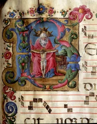Letra B decorada representando la Santísima Trinidad (Trono de Gracia) Dios, Jesucristo y la paloma del Espíritu Santo (detalle)