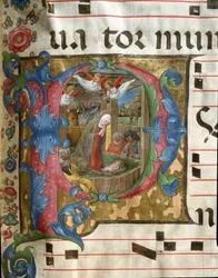Letra P decorada que representa la Miniatura Natividad por Girolamo da Cremona (activo alrededor de 1451-1483) de un coro (Cod. 18/3) de la catedral de Siena. Siglo XV Catedral (Duomo) de Siena, Italia