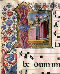 Escena de sacrificio en miniatura de Girolamo da Cremona (activo alrededor de 1451-1483) de un coro (Cod. 10/L. c.114v.) de la catedral de Siena. Siglo XV. Catedral (Duomo) de Siena, Italia