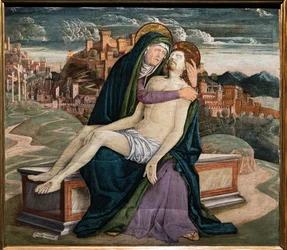 Lamentación, de Gerolamo da Treviso el Viejo, c.1495-7. En el fondo una ciudad fortificada que podría representar un pueblo veneciano como Soave o Marostica.