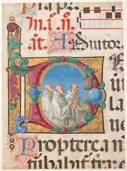 Iluminación de manuscrito con monjes cantores en una inicial D, de un Salterio, 1501-2