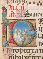 Iluminación de manuscrito con monjes cantando en una inicial D, de un Salterio, italiano, 1501-2