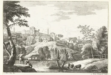 Paisaje montañoso con ciudad y pescador. Paisajes italianos (título de la serie)