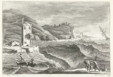 Paisaje costero con tormenta en el mar y faro de fuego Paisajes italianos (título de la serie)