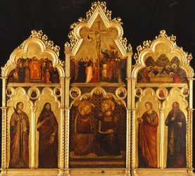 Un retablo en tres secciones: Centro: La coronación de la Virgen