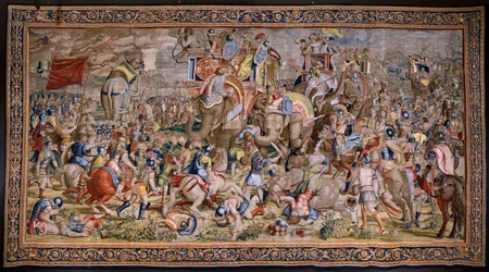 Tapiz flamenco. Serie Las Actas de Escipión: La batalla de Zama. Dibujante Giulio Romano. Atelier de Balthasar van Vlierden (?), Bruselas. 1523-1532.