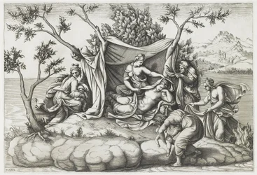 Latona dando a luz a Apolo y Diana, grabado por Diana Mantovana (después de 1575) (grabado)