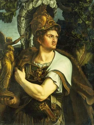Retrato de Alejandro Magno sosteniendo una estatua dorada de la Victoria (óleo sobre lienzo)