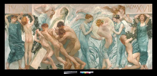 Díptico: la fiesta (la sagra) - Pintura de Giulio Aristide Sartorio (1860-1932) 1906 Dim 180,5 x 398,5 cm Colección particular (Díptico, pintura de Giulio Aristide Sartorio Colección particular)