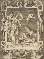 Un buitre comiendo las entrañas de Ticio, Cupido sobre dos mujeres a la izquierda, dentro de un marco elaborado, 1531-76