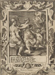 Atenea sentada cerca de Juno que ha tomado las flechas de Cupido