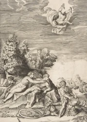 Calipso tratando de detener a Ulises mientras un niño prepara su armadura a la derecha y Mercurio fa..., 1531-76