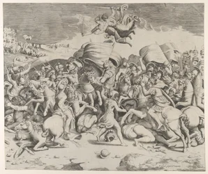 Constantino derrotando al tirano Majencio, ángeles con espadas vuelan arriba, 1544