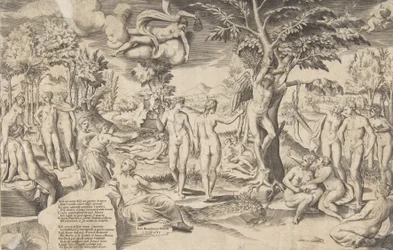 Cupido en los Campos Elíseos atado a un árbol en el centro, rodeado de muchas figuras, 1563