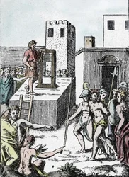 Pena de muerte: la ejecución de una sentencia de muerte con el antepasado de la guillotina (máquina una decolación) en Italia llamada Mannaia y diseñada por Achille Bocchi, en 1555" Grabado de Giulio Buonasone (Bonasone) (1498-1574) (Representación de la M