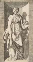 Diana sosteniendo fruta en su mano izquierda dentro de un nicho, ca. 1531-76