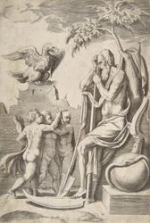 El Padre Tiempo a la derecha apoyado en una guadaña, tres niños desnudos y un águila a la izquierda, 1531-76