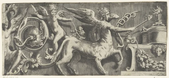 Friso con esfinge y putto en altar