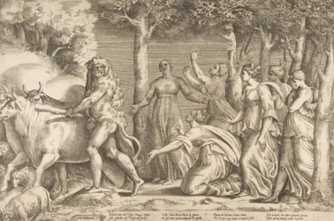 Hércules ahuyentando el ganado de Gerión, a la derecha están las ninfas de las Hespérides, ca. 1531-76