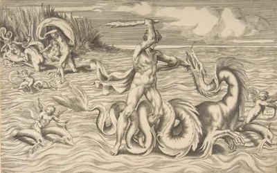 Hércules luchando contra un dragón en el centro, Aqueloo llevándose a Deianira arriba a la izquierda, 1531-76