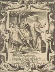Juno a la derecha girándose y hablando con las Parcas, dentro de un marco elaborado, ca. 1531-76