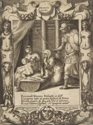 Juno persuadiendo a Atenea para amamantar al joven Hércules, dentro de un marco elaborado, de