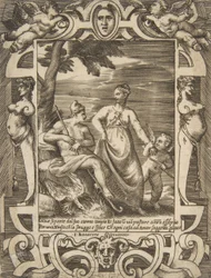 Júpiter a la izquierda en forma de pastor acompañado por Mnemósine, dentro de un elaborado marco, 1531-76