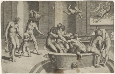 Hombres y mujeres en una gran bañera.