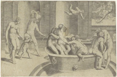 Hombres y mujeres en una gran bañera.