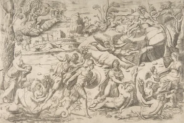 Marte y Rea Silvia: en el centro Marte sostiene un escudo y una espada, Rea Silvia duerme..., ca. 1531-76