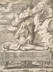 Piedad, Cristo extendido sobre una mesa en un paisaje, la Virgen de pie detrás con los brazos ..., 1531-76
