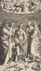 Santa Cecilia de pie en el centro acompañada por San Pablo, la Magdalena, San Juan, 1531