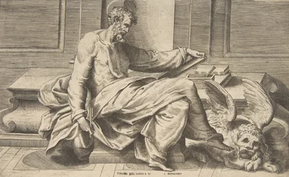 San Marcos escribiendo su evangelio, león alado a la derecha, 1531-76